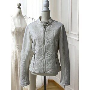 Blanc Noir White Vegan Leather Moto Jacket With Stand Collar Size Large
